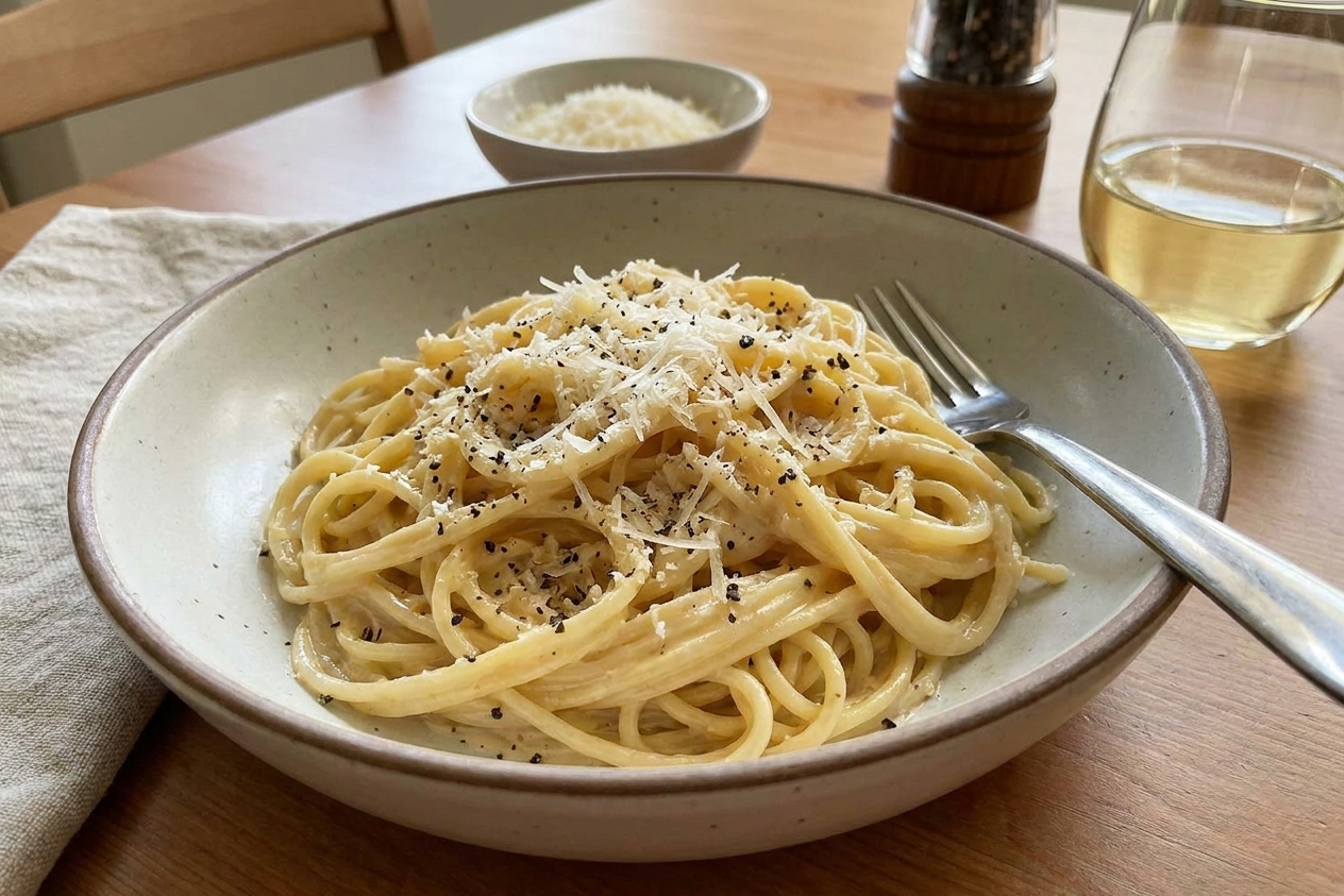 A bowl of creamy garlic butter pasta topped with grated Parmesan and cracked black pepper on a simple dinner table