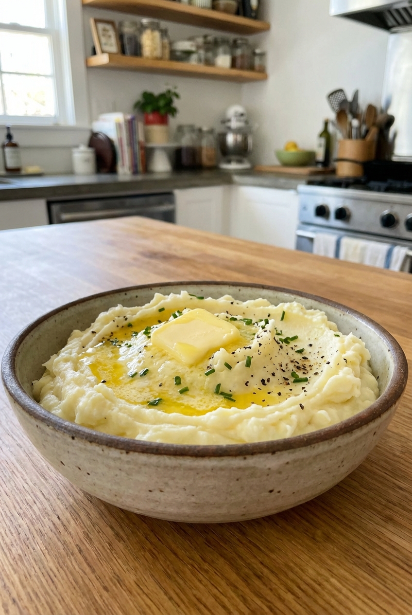 A bowl of creamy garlic mashed potatoes with butter melting on top