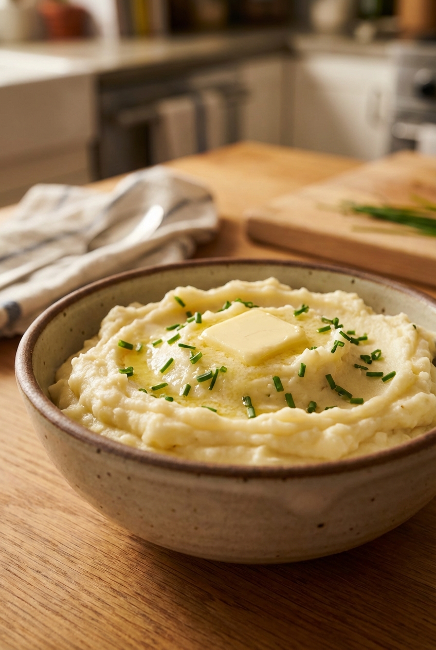 A bowl of creamy garlic mashed potatoes with butter melting on top
