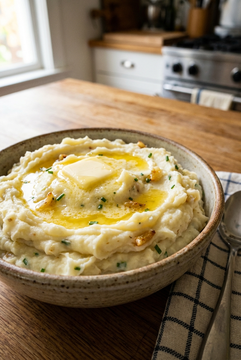 A bowl of creamy garlic mashed potatoes with butter melting on top