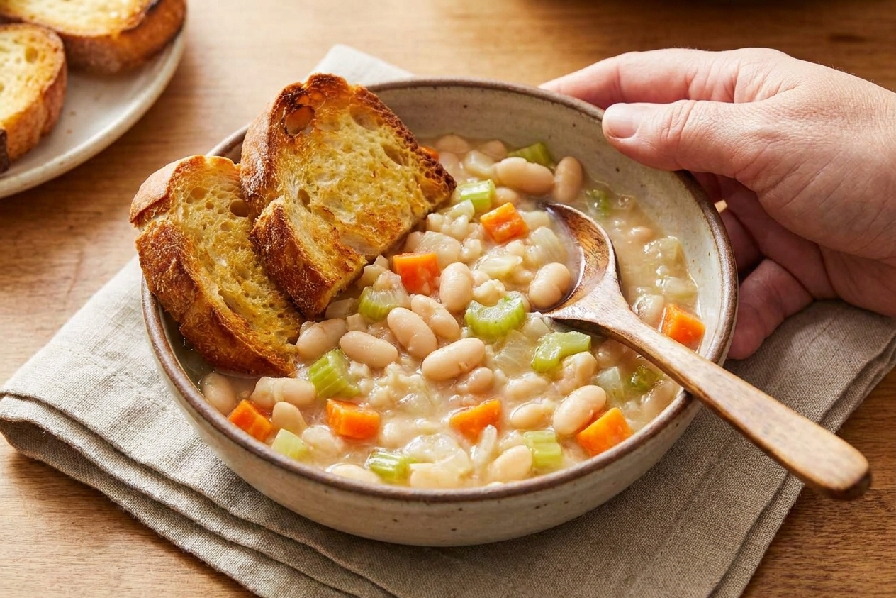 A bowl of creamy great northern beans served with toasted crusty bread on a linen napkin, simple table setting in warm light
