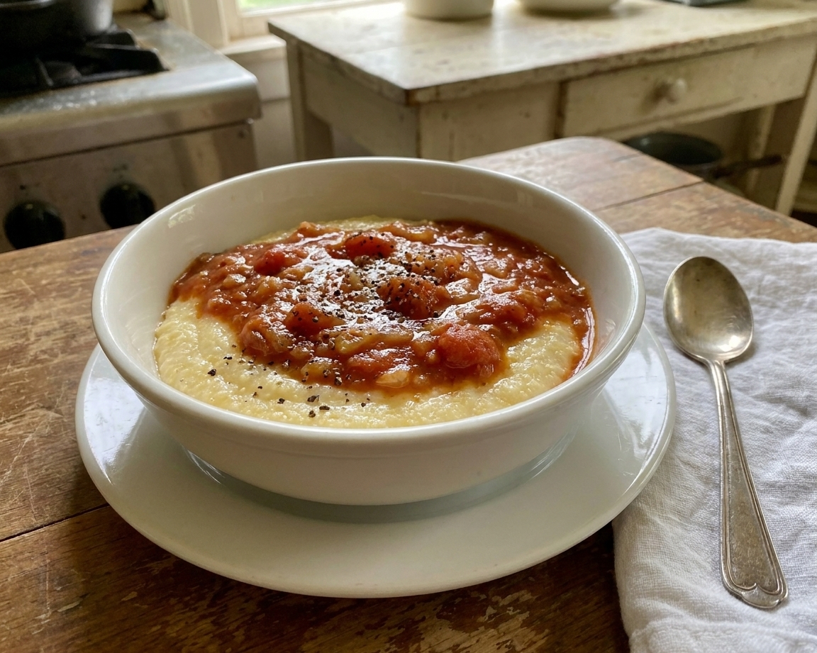 A bowl of creamy grits topped with spooned tomato gravy and cracked black pepper on a simple table setting