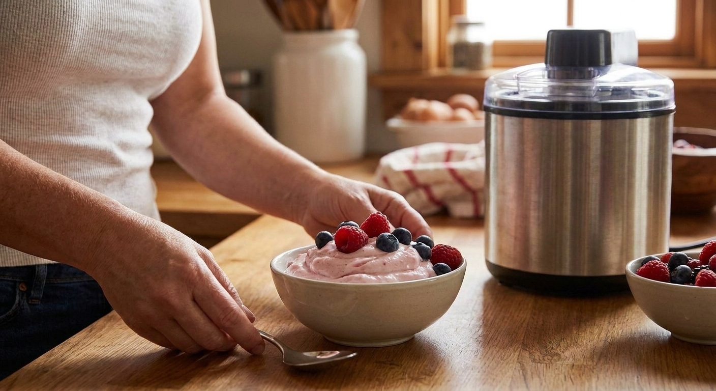 A bowl of creamy homemade frozen yogurt topped with fresh berries on a sunlit kitchen table, with a spoon resting on the side