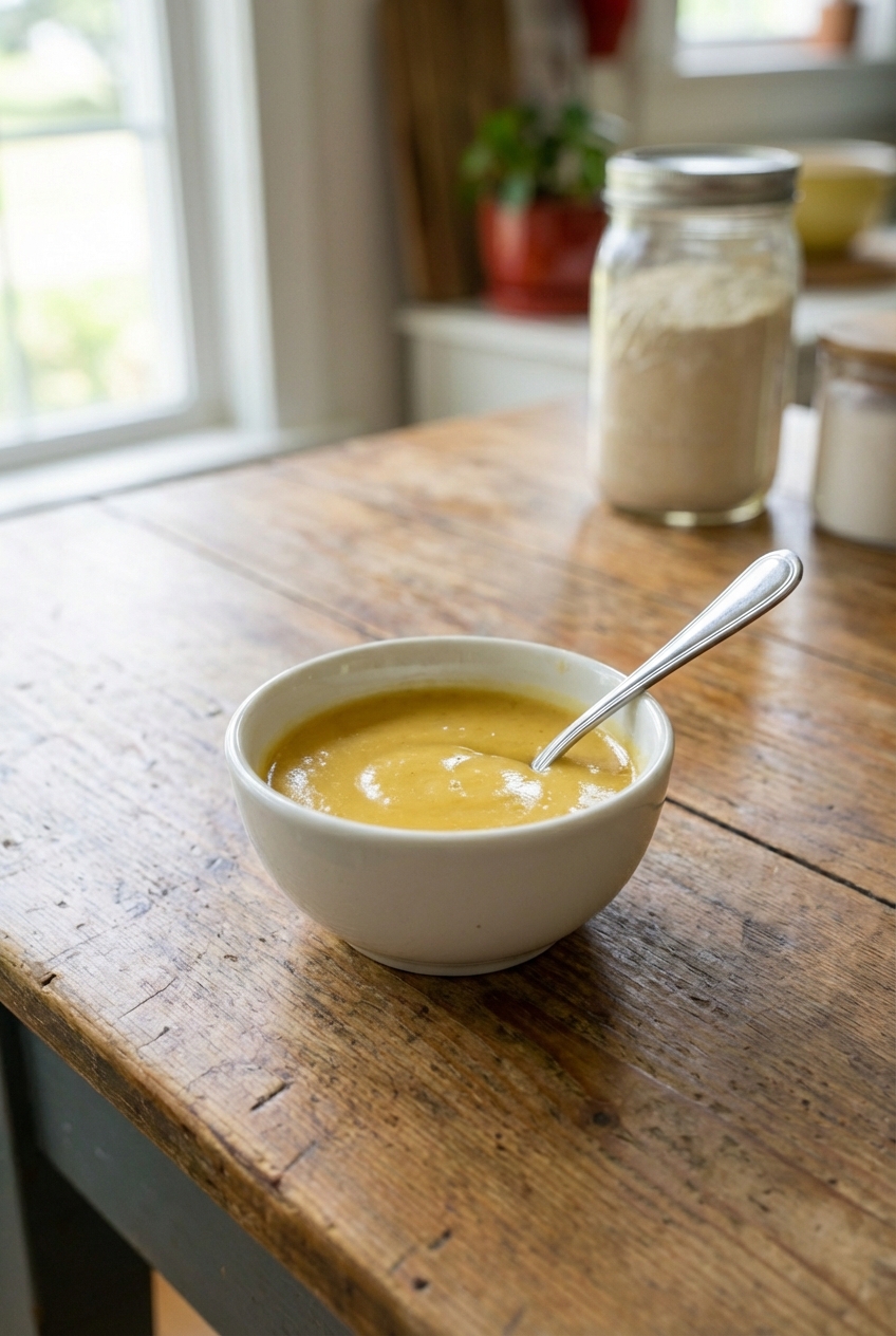 A bowl of creamy honey mustard dipping sauce with a spoon