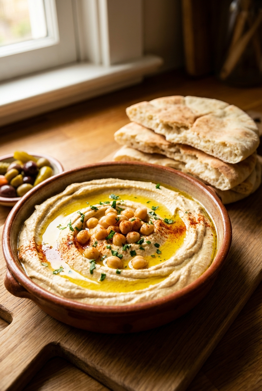 A bowl of creamy hummus topped with olive oil and chickpeas with warm pita on the side