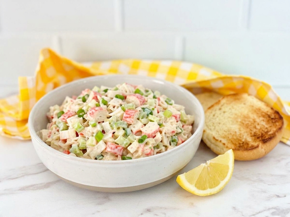A bowl of creamy imitation crab salad with celery and green onion on a light kitchen counter, with a split toasted roll and lemon wedge nearby