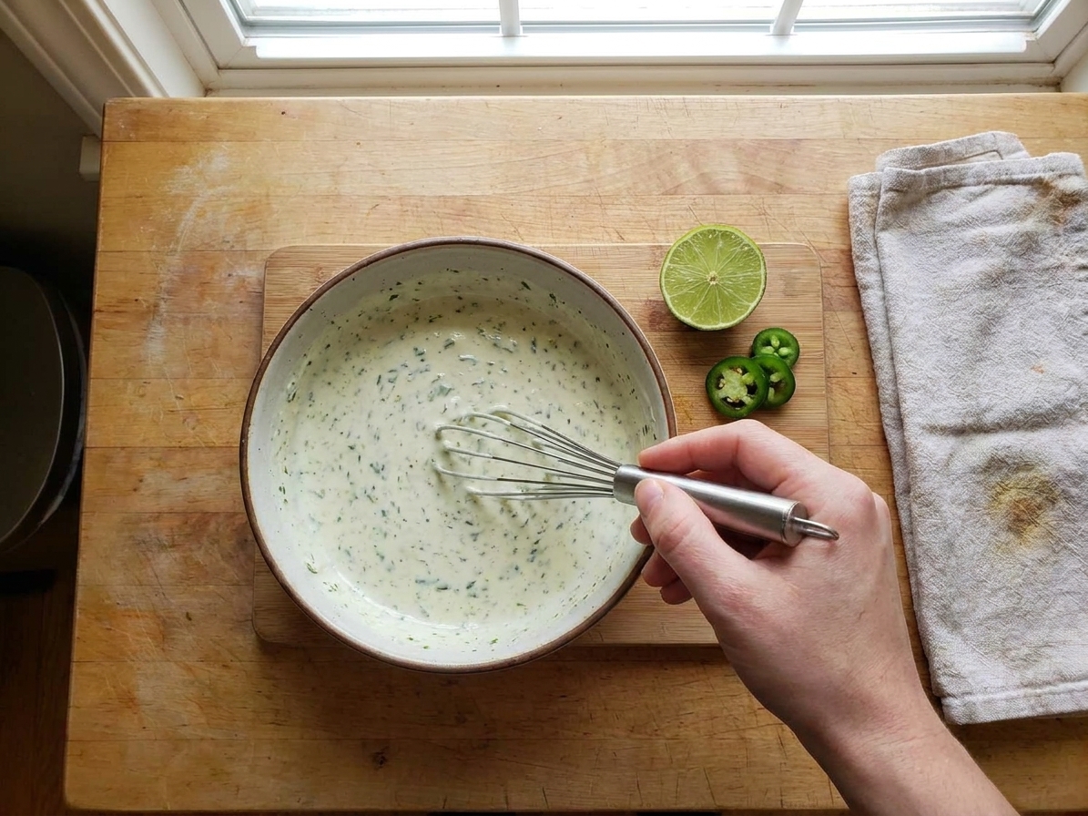 A bowl of creamy jalapeño-lime ranch dressing being whisked on a kitchen counter with a halved lime nearby