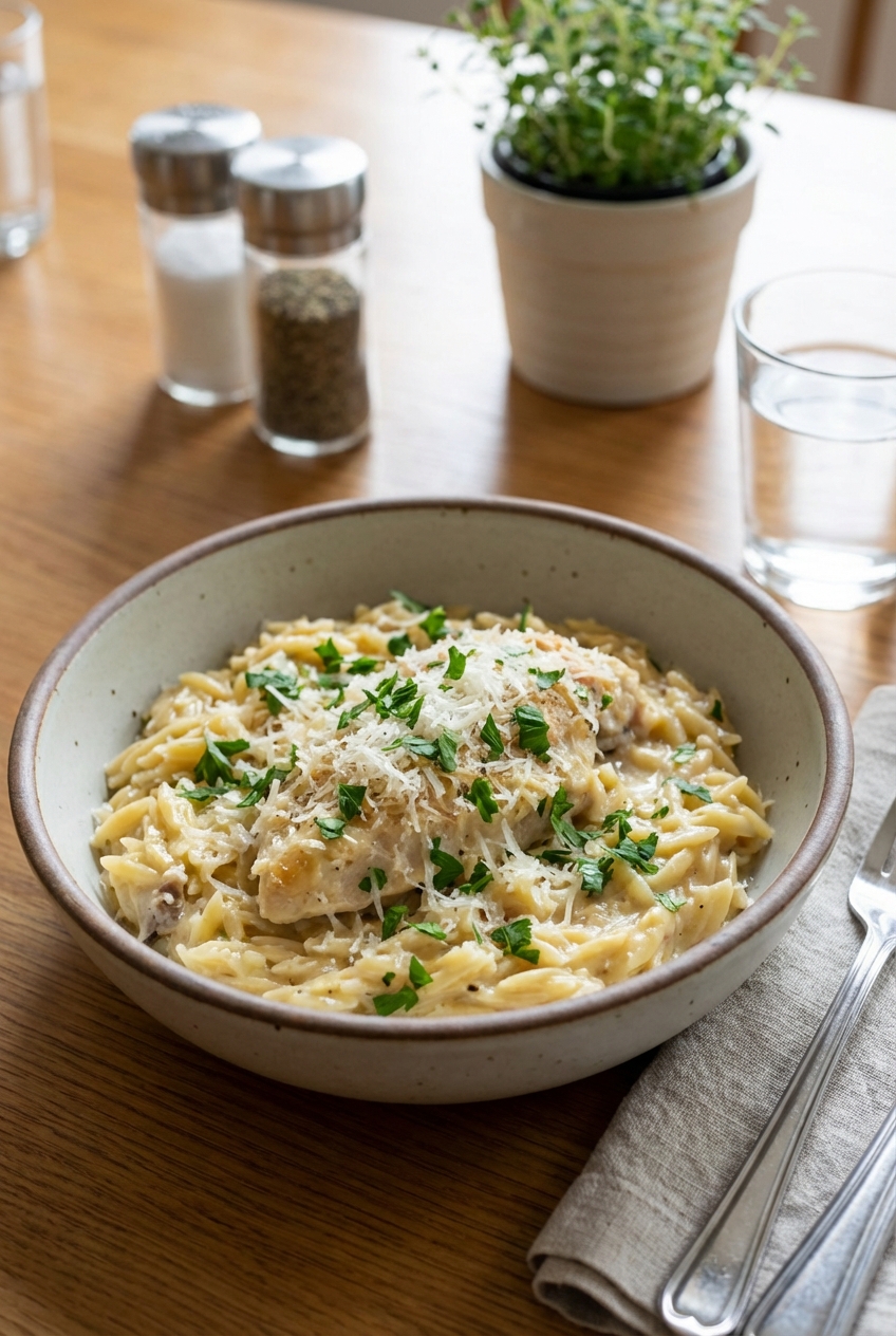 A bowl of creamy lemon chicken and orzo topped with Parmesan and parsley on a dinner table