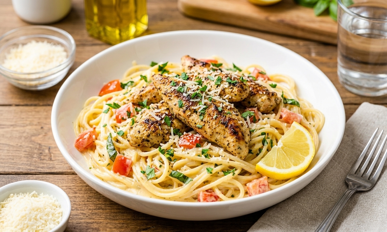 A bowl of creamy lemon herb chicken pasta topped with parsley and grated parmesan on a simple dinner table setting with a lemon wedge