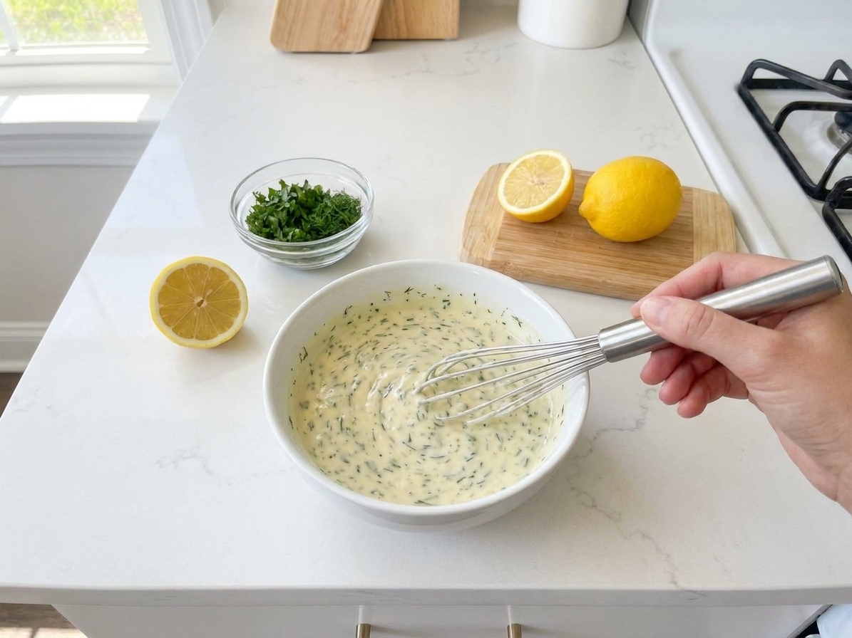 A bowl of creamy lemon herb dressing being whisked until smooth, with chopped herbs and a lemon on the counter nearby
