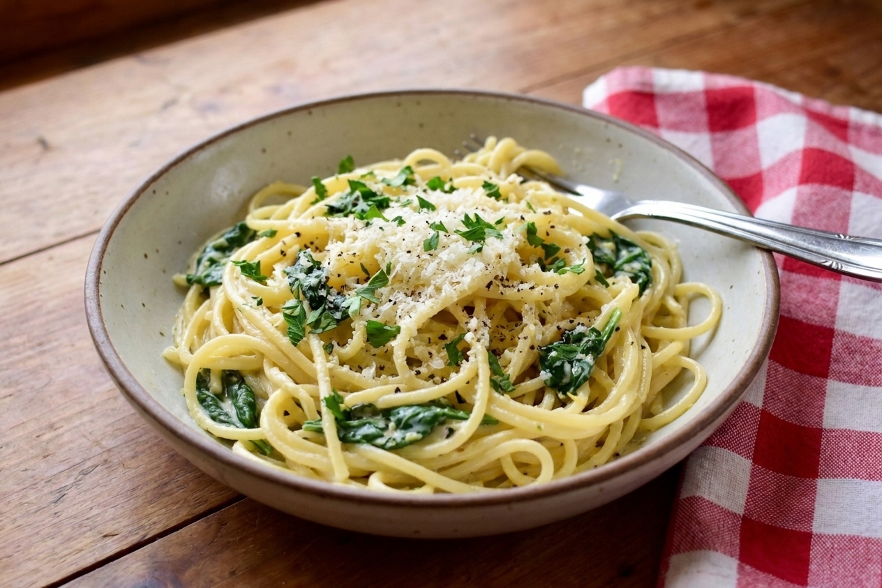 A bowl of creamy lemon mascarpone pasta topped with grated Parmesan, cracked black pepper, and parsley on a simple dinner table setting