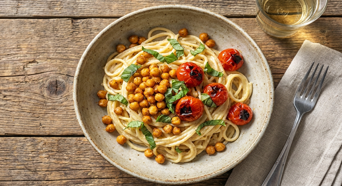Creamy Lemon Miso Pasta With Crispy Chickpeas