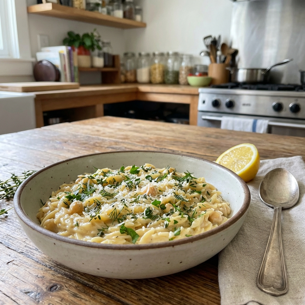 A bowl of creamy lemon tahini chickpea orzo topped with herbs and grated cheese on a wooden table