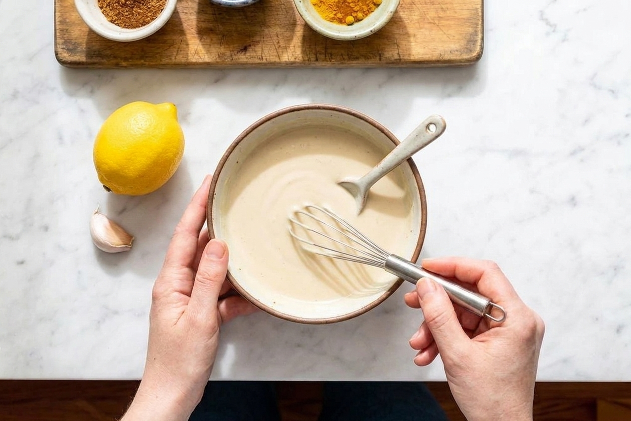 A bowl of creamy lemon tahini sauce being whisked on a kitchen counter with a lemon and garlic nearby