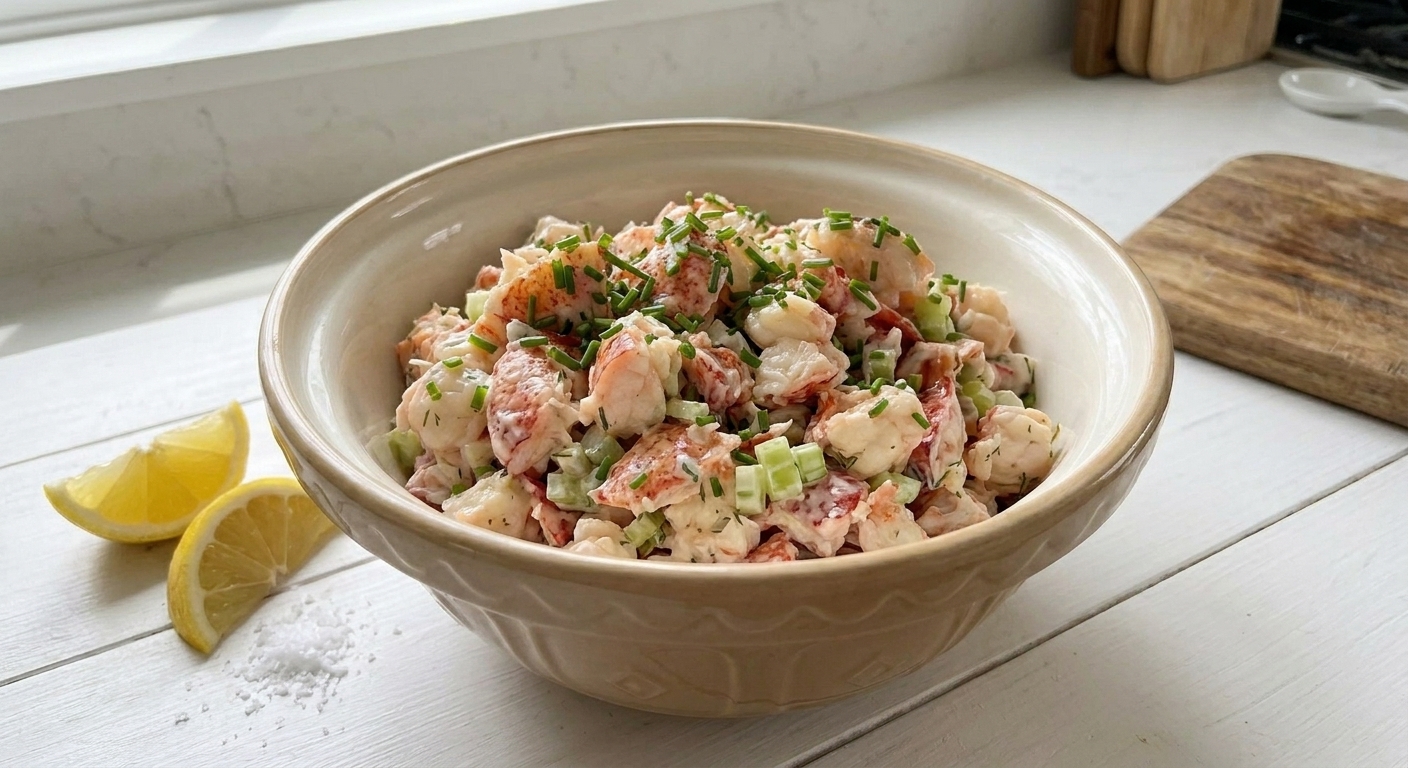 A bowl of creamy lobster salad garnished with chives beside lemon wedges on a simple table setting