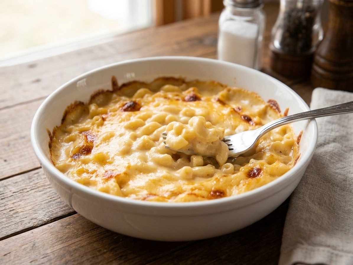 A bowl of creamy mac and cheese with a shiny cheddar sauce and a few browned edges, set on a simple dinner table with a fork
