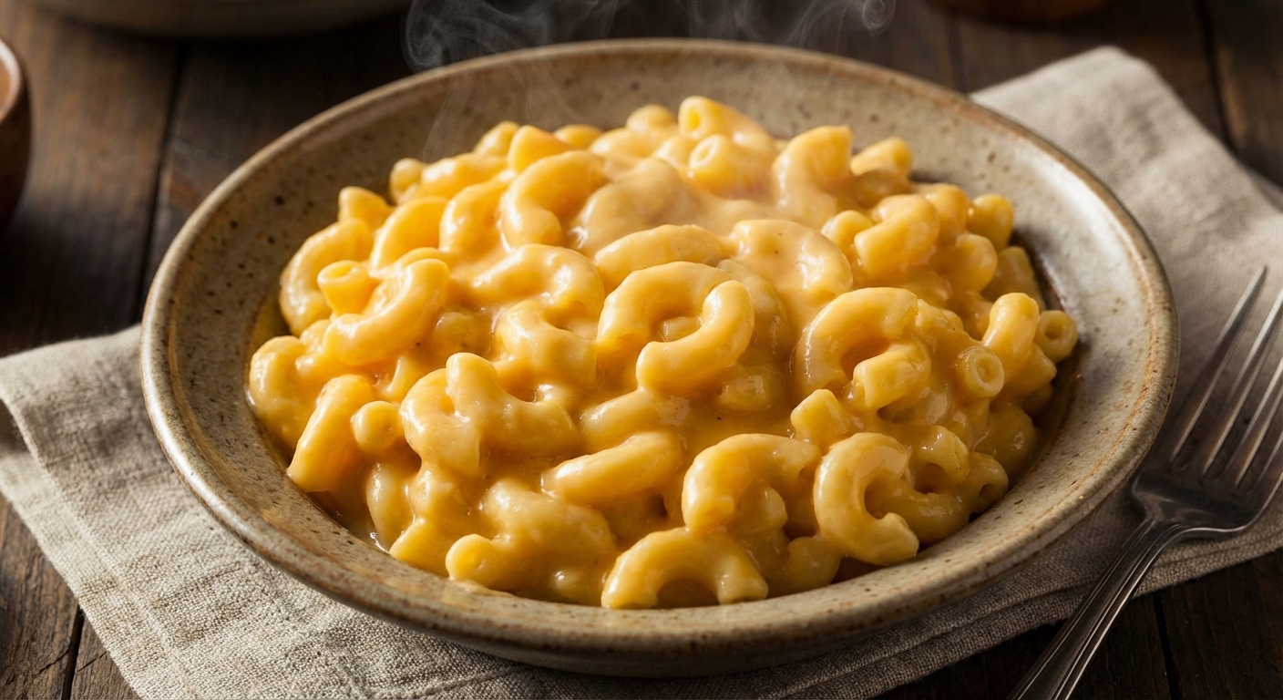 A bowl of creamy macaroni and cheese with a glossy cheese sauce, steam rising, photorealistic