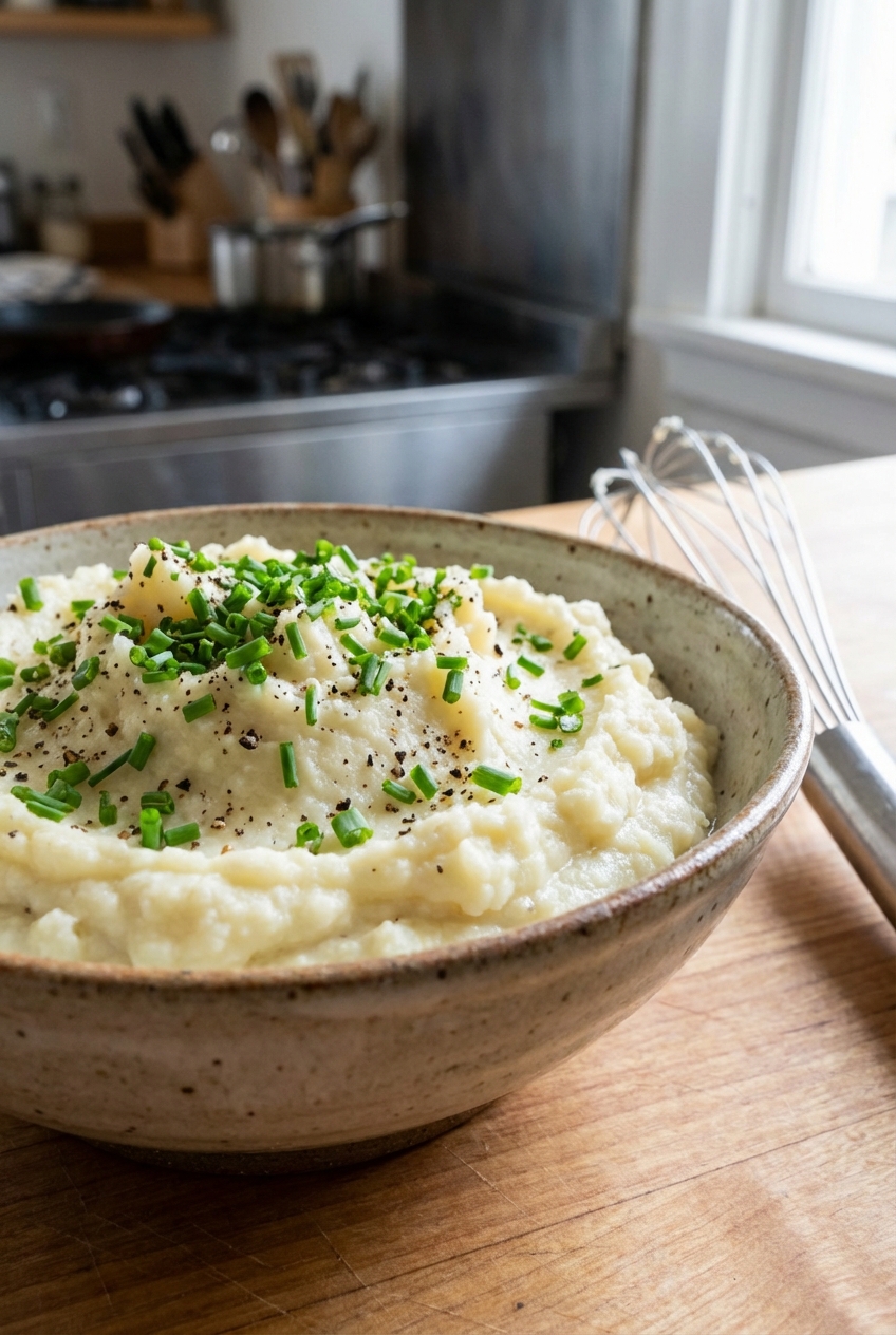 A bowl of creamy mashed cauliflower with chives and black pepper