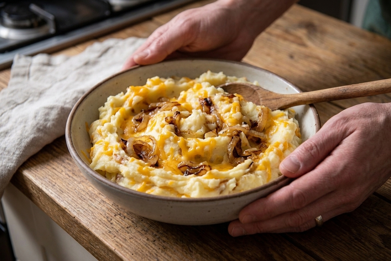 A bowl of creamy mashed potatoes mixed with shredded cheddar and sautéed onions on a kitchen counter