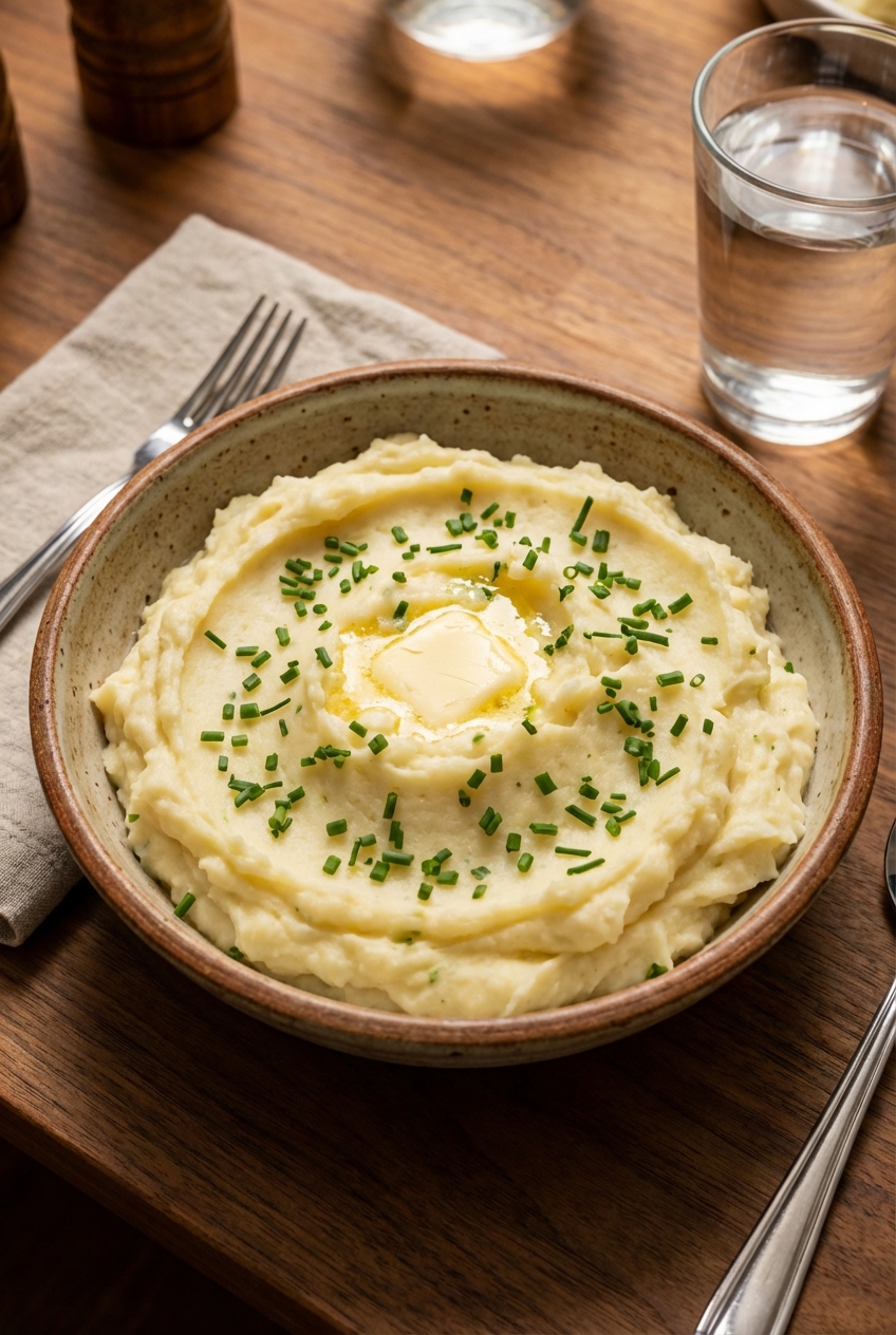 A bowl of creamy mashed potatoes topped with chopped chives on a dinner table