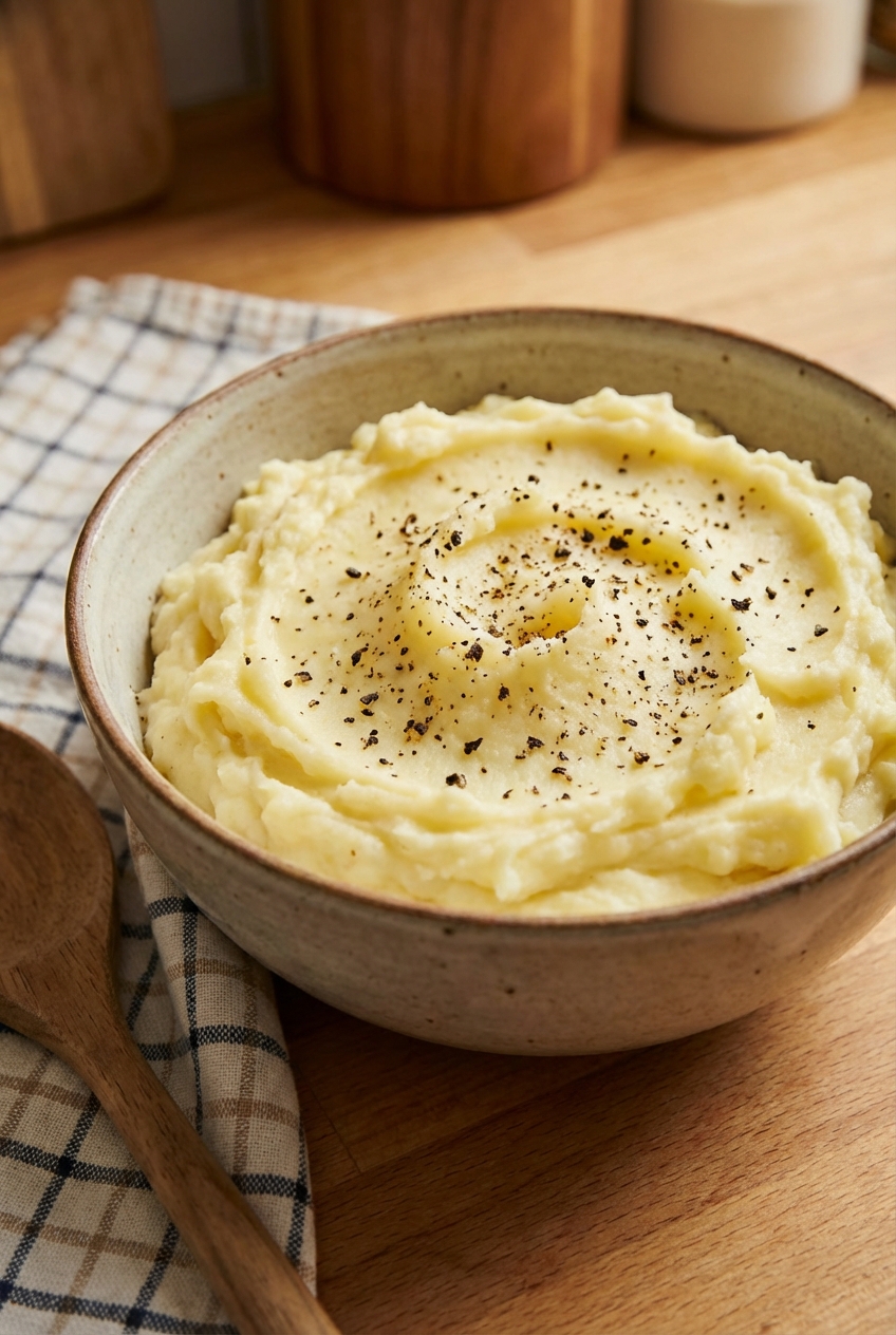 A bowl of creamy mashed potatoes topped with cracked black pepper