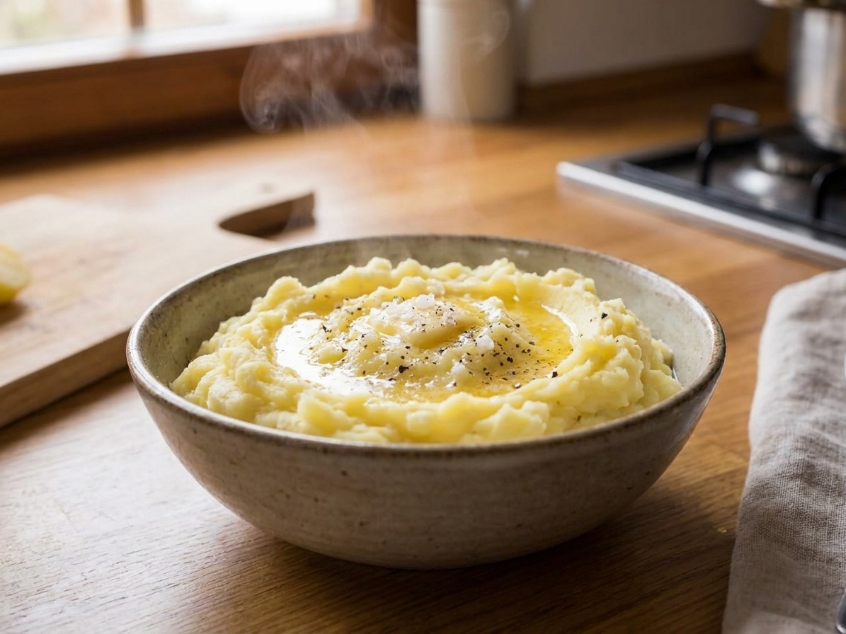 A bowl of creamy mashed potatoes with a melted butter pool on top, sprinkled with flaky salt and cracked pepper, on a warm kitchen table with soft natural light