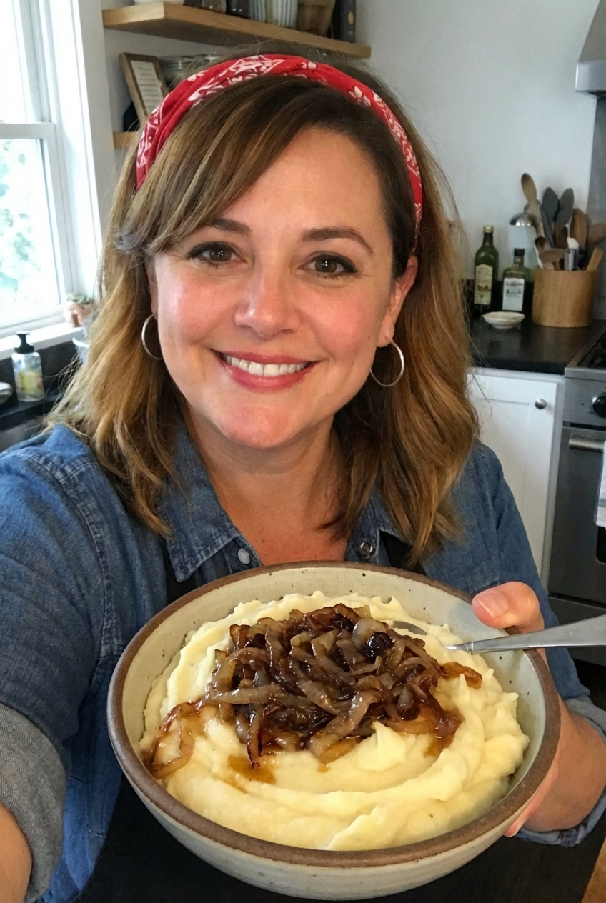A bowl of creamy mashed potatoes with a spoonful of caramelized onions on top