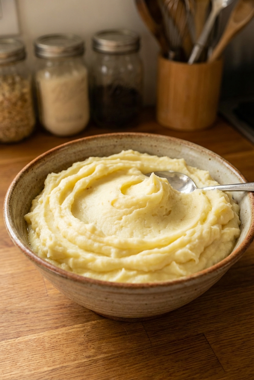 A bowl of creamy mashed potatoes with a swirl on top