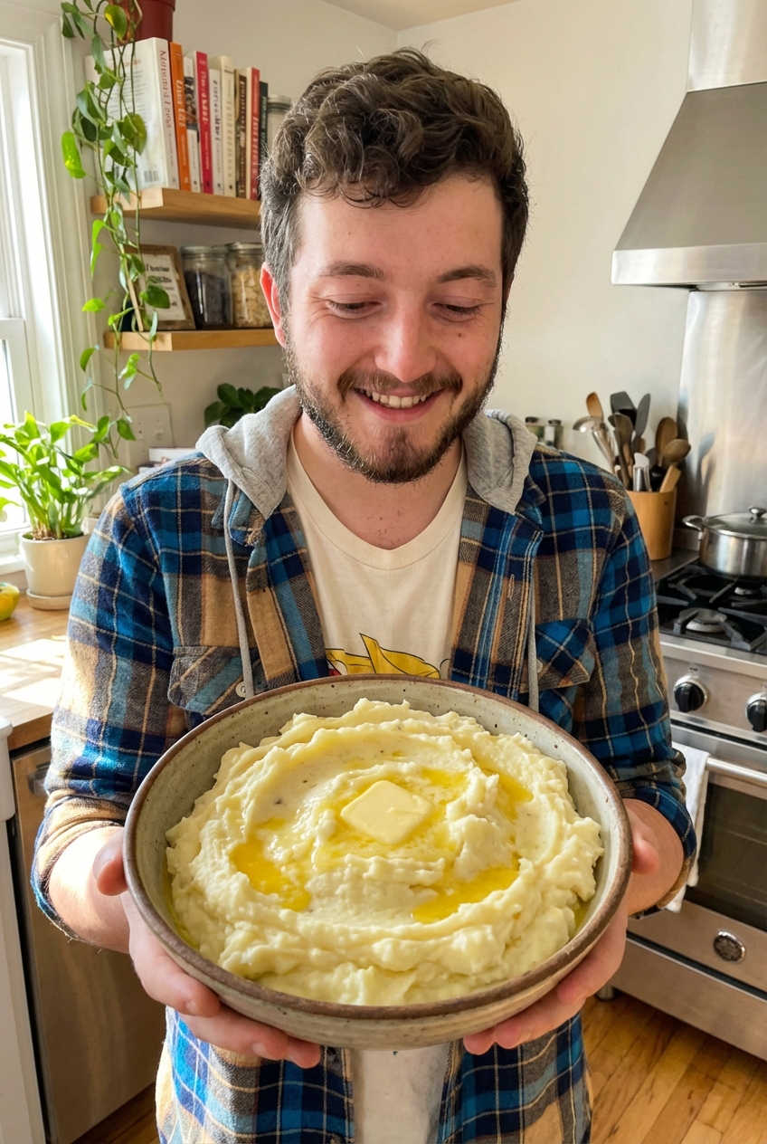 A bowl of creamy mashed potatoes with butter melting on top