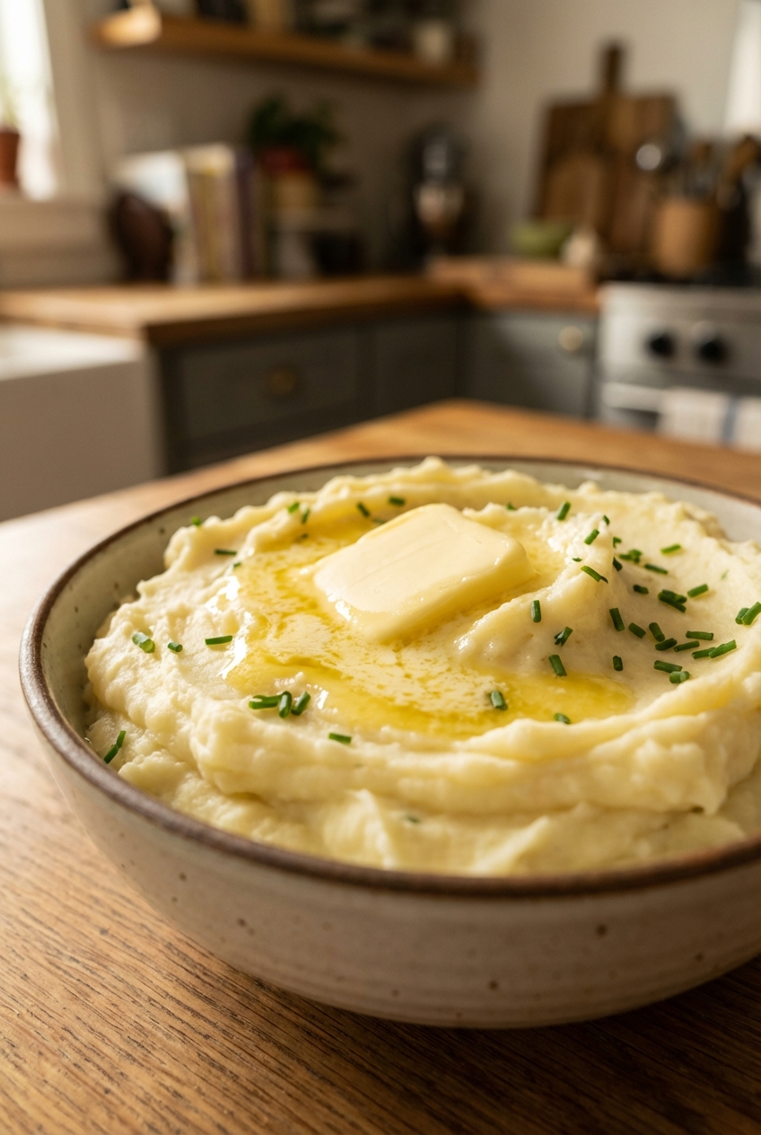 A bowl of creamy mashed potatoes with butter melting on top