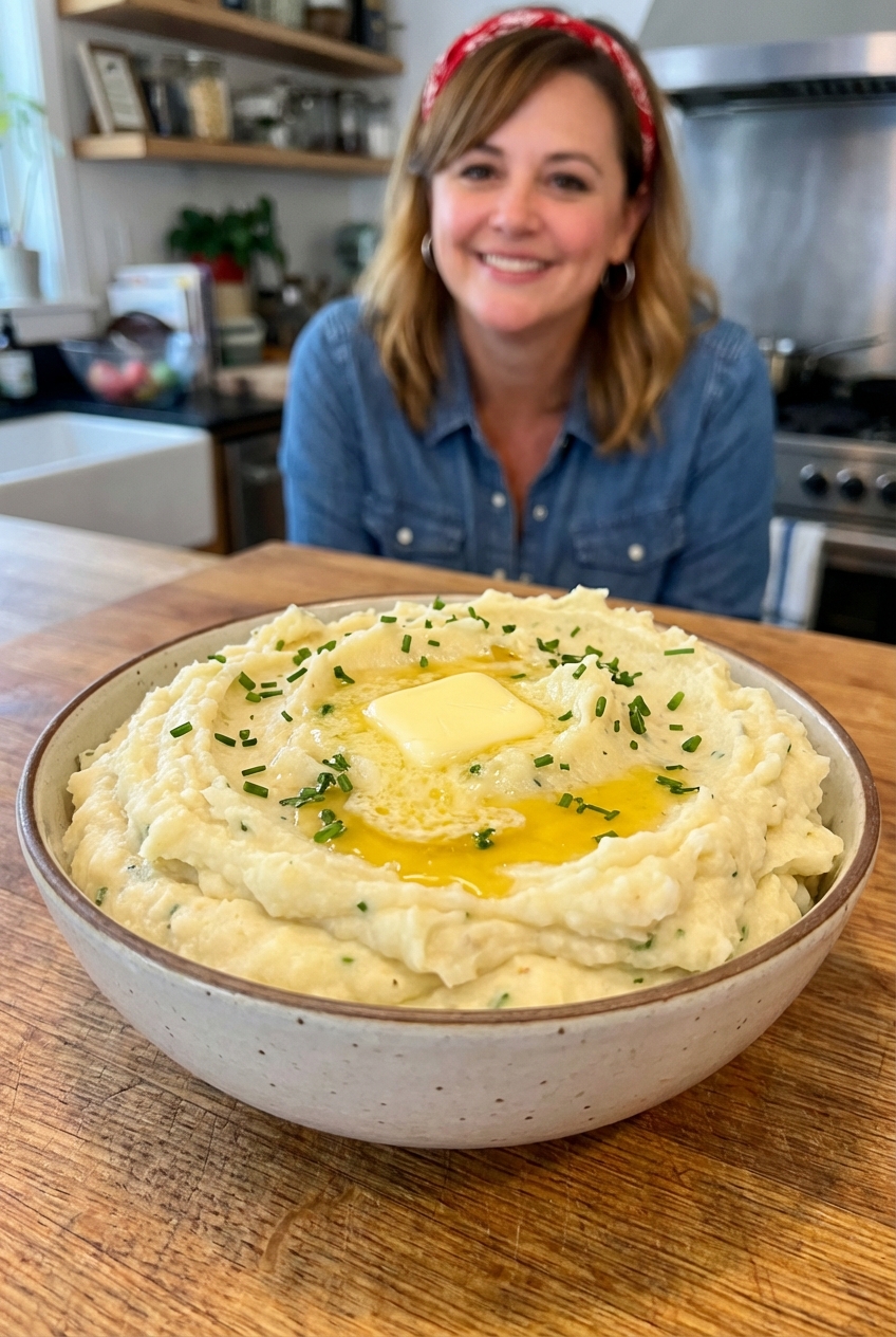 A bowl of creamy mashed potatoes with butter melting on top