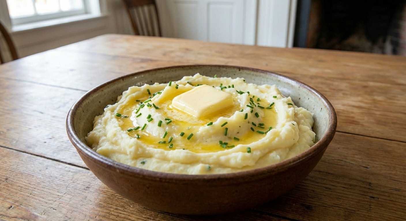 A bowl of creamy mashed potatoes with butter melting on top
