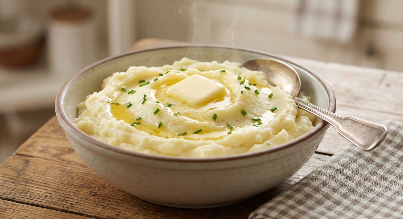 A bowl of creamy mashed potatoes with butter melting on top