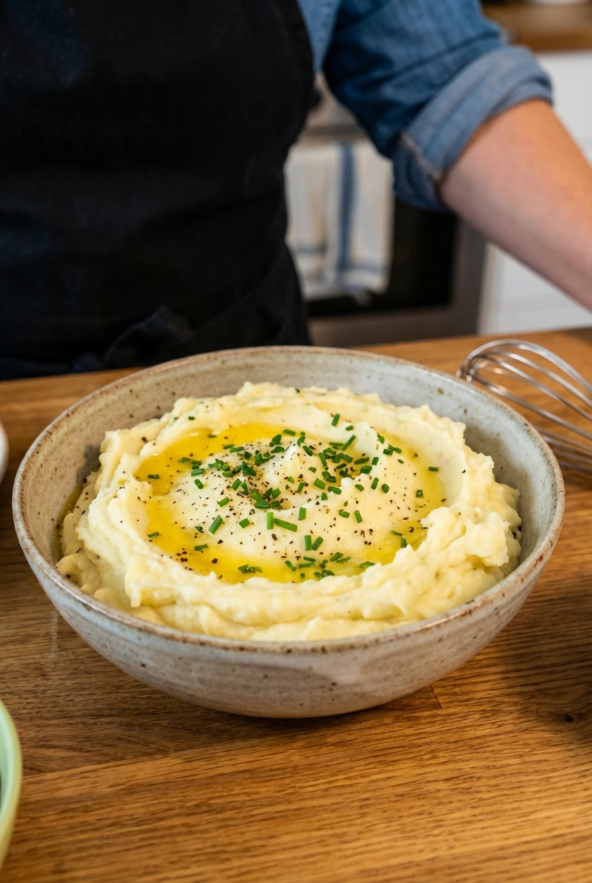 A bowl of creamy mashed potatoes with melted butter on top