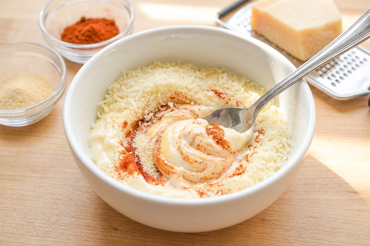 A bowl of creamy mayonnaise and grated Parmesan being stirred with garlic powder and paprika using a spoon on a bright kitchen counter