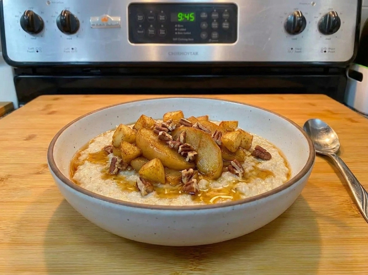 A bowl of creamy millet porridge on a wooden table topped with cinnamon apples and chopped nuts with a spoon beside it