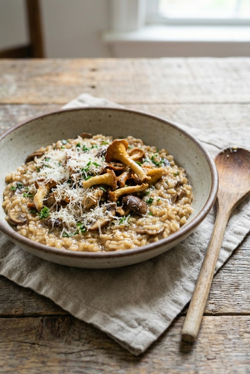 A bowl of creamy mushroom risotto garnished with parsley and extra Parmesan on a linen napkin