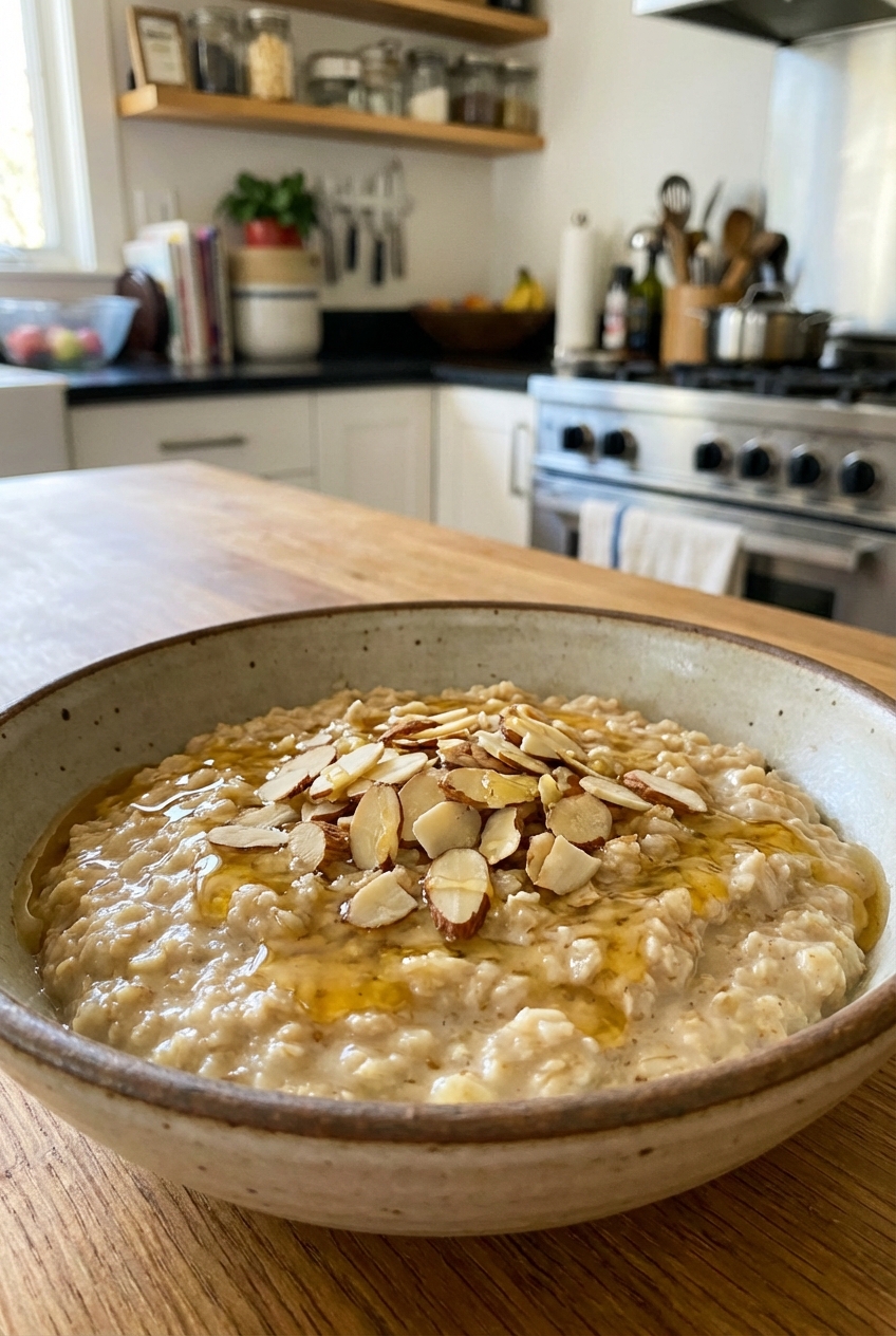 A bowl of creamy oatmeal topped with almonds and a drizzle of honey