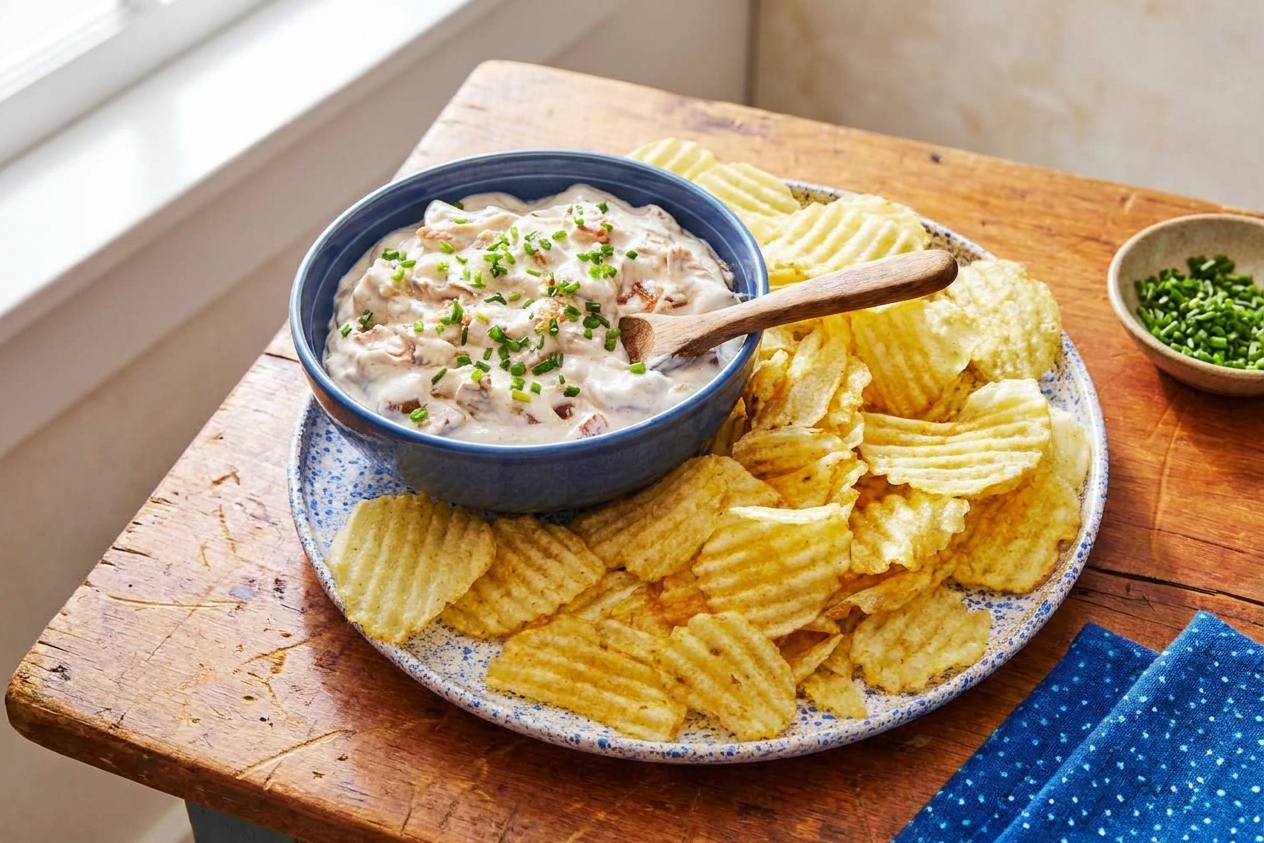 A bowl of creamy onion chip dip on a table setting with ridged potato chips arranged around it, soft natural light, casual family-style snack spread