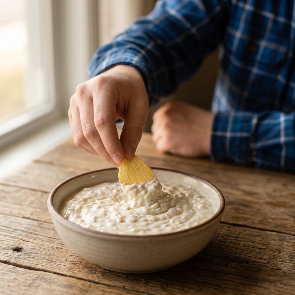 A bowl of creamy onion dip on a wooden table with a hand dipping a ridged potato chip into the dip, shallow depth of field, natural window light