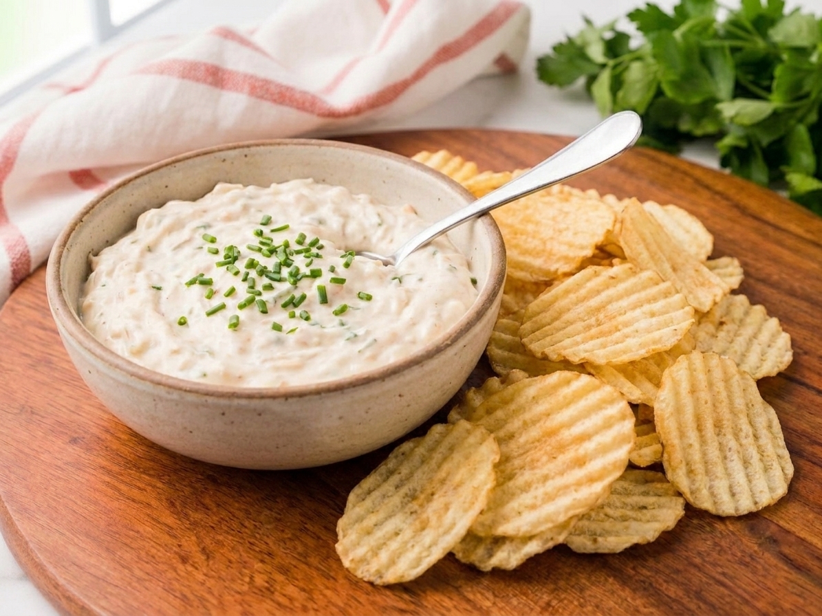 A bowl of creamy onion dip with ridged potato chips and a small spoon on the table