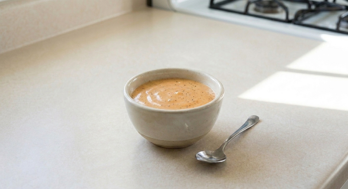 A bowl of creamy orange dipping sauce with visible black pepper specks resting on a countertop next to a spoon