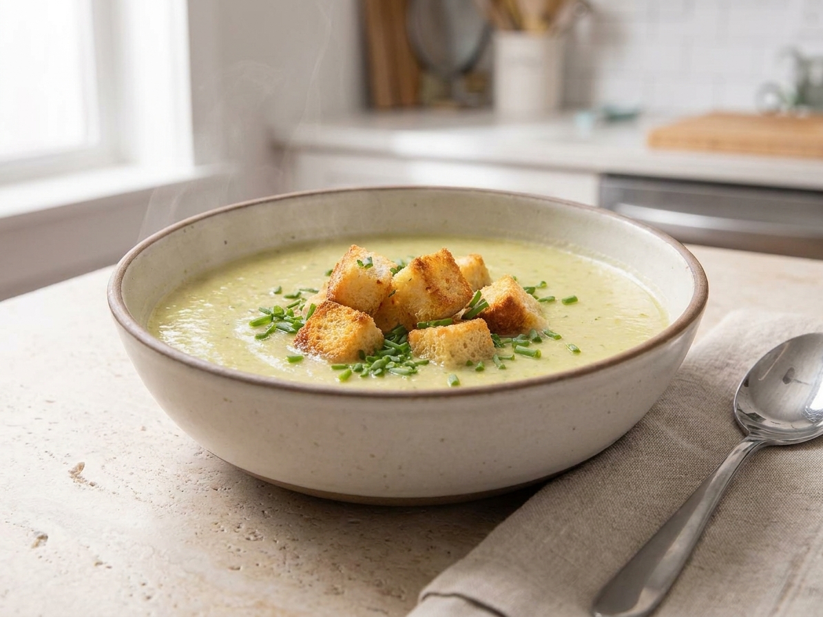 A bowl of creamy pale-green celery soup topped with golden croutons and chopped parsley on a light stoneware table setting, natural window light