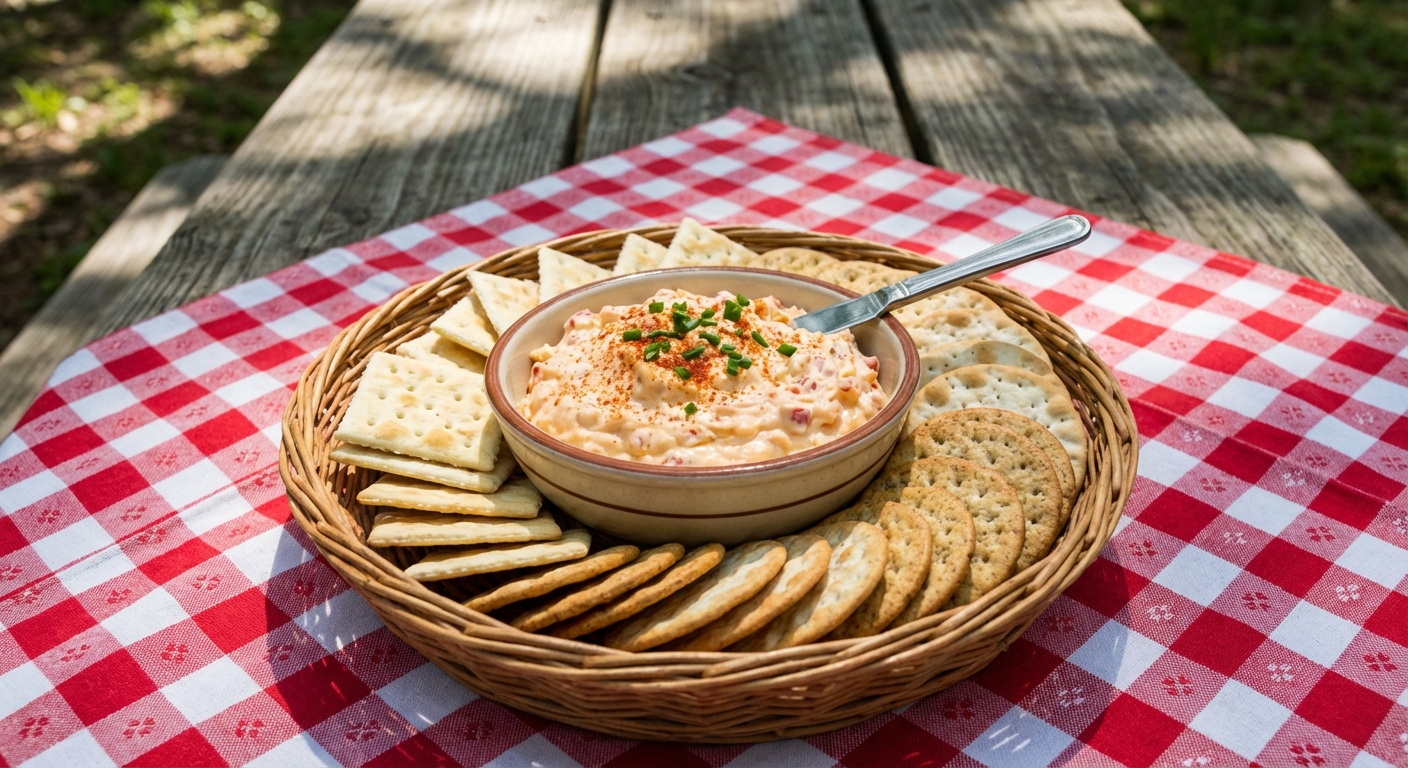 A bowl of creamy pimento cheese with crackers on a picnic table