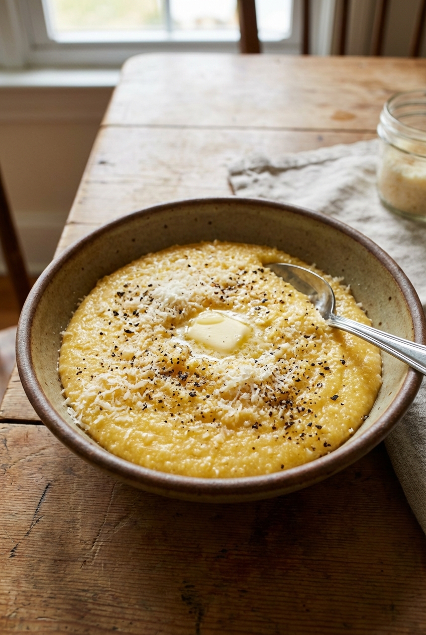 A bowl of creamy polenta with grated Parmesan and cracked black pepper on a kitchen table