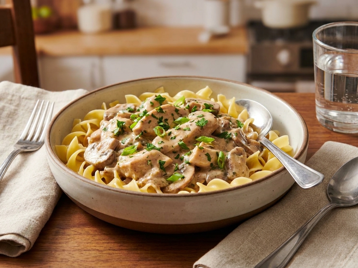 A bowl of creamy pollo stroganoff spooned over egg noodles, topped with chopped parsley, set on a simple family dinner table with warm lighting