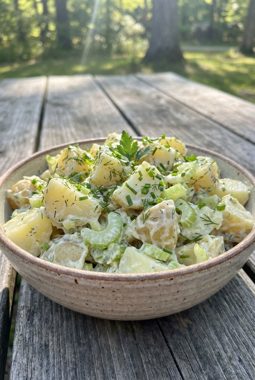 A bowl of creamy potato salad with celery and herbs on a picnic table