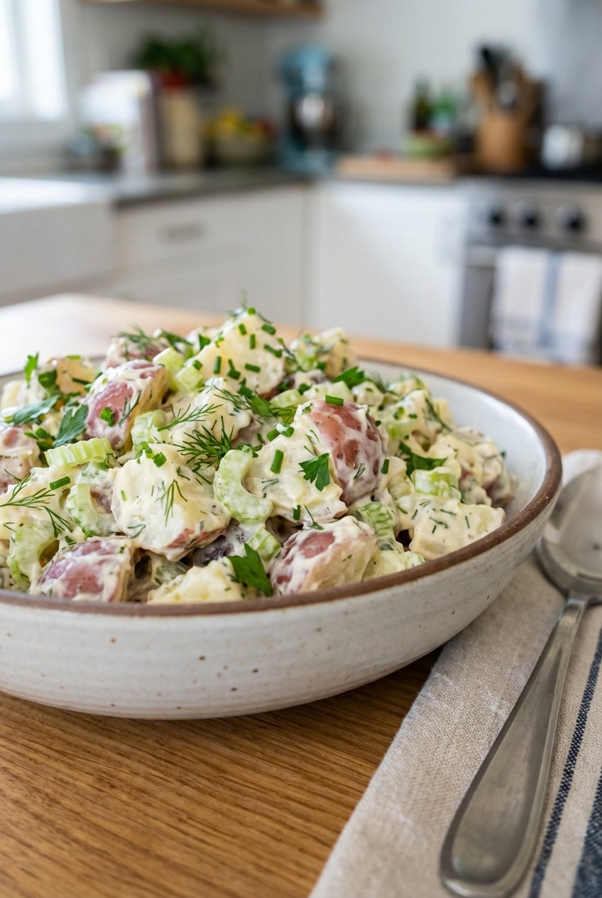 A bowl of creamy potato salad with celery and herbs