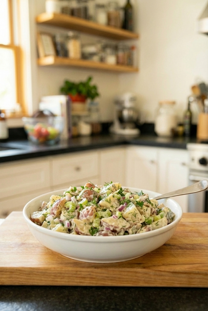 A bowl of creamy potato salad with herbs and a spoon resting on the rim
