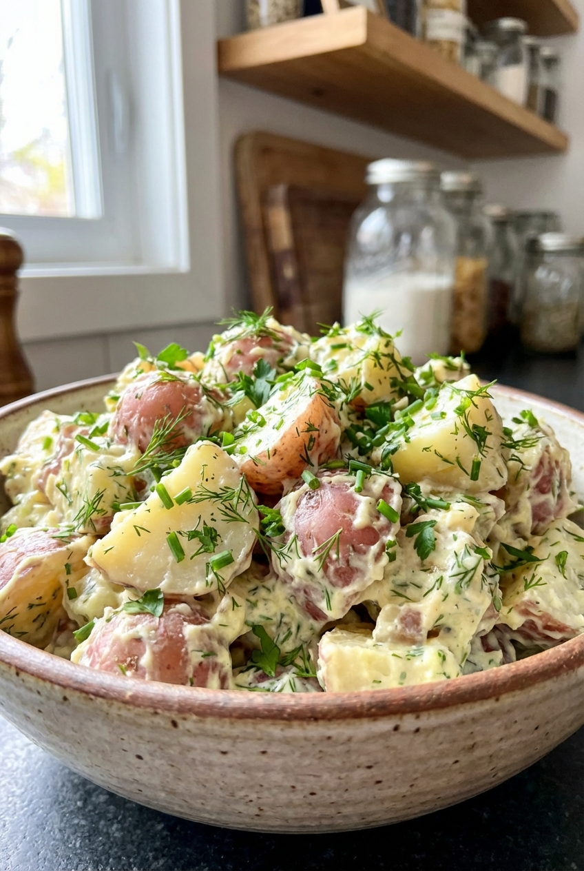A bowl of creamy potato salad with herbs